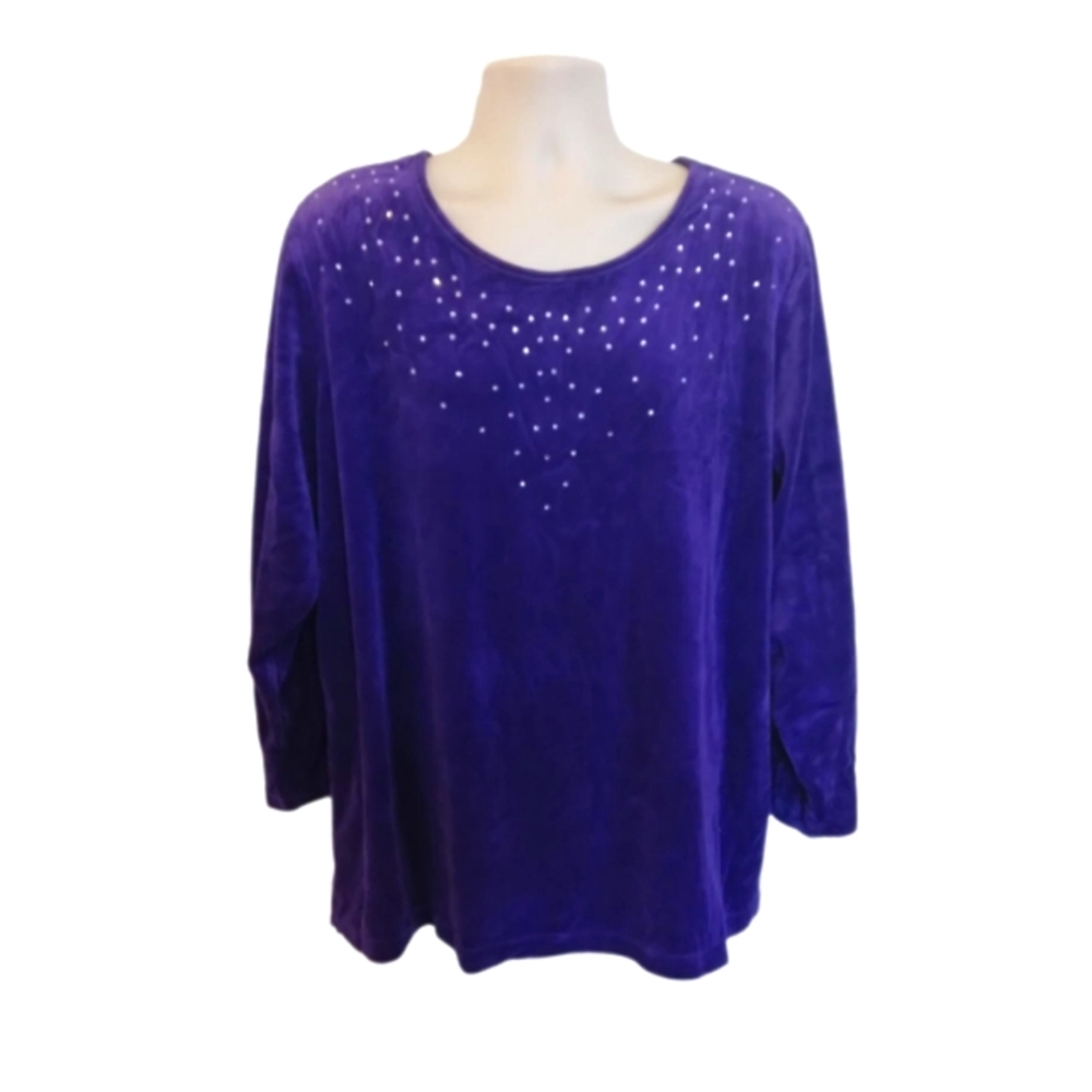 Quackery Factory Purple Velour Rhinestone Embellished Long Sleeve Top Size 2X
